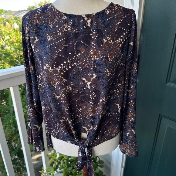 Veronica M Navy Bronze Abstract Print Tie Front Blouse XS Long Sleeve USA Made - Picture 4 of 8